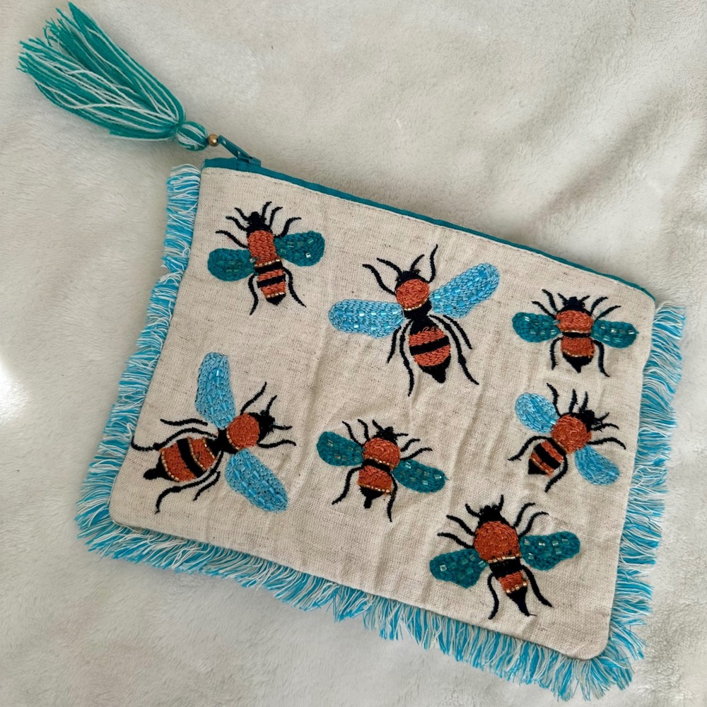 World Market Beaded Bee Embroidered Linen Fringe Clutch Pouch